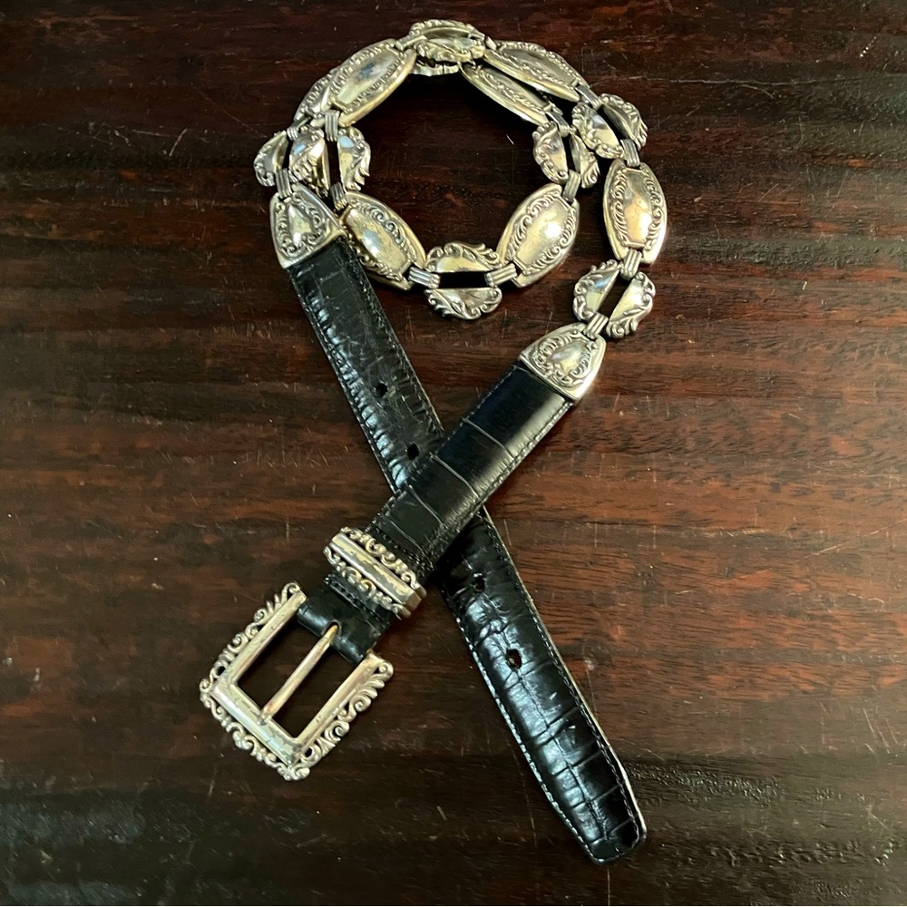Vintage 1996 Brighton Black Crocodile Embossed Leather Belt with Medallion Links